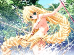 Rule 34 | 00s, 1girl, absurdly long hair, action, blonde hair, braid, breasts, forest, game cg, hair ornament, hairclip, holding, holding sword, holding weapon, large breasts, long hair, low-tied long hair, nature, nipples, nude, oono tetsuya, outdoors, outstretched arm, priecia, prism ark, rapier, scabbard, sheath, solo, splashing, sword, tree, very long hair, water, weapon