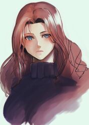 Rule 34 | 1girl, aduti momoyama, blue eyes, brown hair, catiua powell, closed mouth, frown, hair intakes, highres, long hair, looking at viewer, pink lips, simple background, solo, tactics ogre, turtleneck, upper body, white background