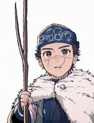 Rule 34 | 1boy, ainu clothes, alternate costume, asirpa, asirpa (cosplay), blush, brown eyes, brown hair, cosplay, facial scar, golden kamuy, headband, highres, long sleeves, male focus, nose blush, scar, scar on cheek, scar on face, scar on mouth, scar on nose, short hair, simple background, solo, spiked hair, stick, sugimoto saichi, tonta (tonta1231), upper body, white background, wood, aged down