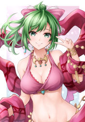 Rule 34 | 1girl, bare shoulders, border, bow, bra, breasts, cleavage, collarbone, cowboy shot, dancer, earrings, fire emblem, fire emblem: genealogy of the holy war, green eyes, green hair, groin, hair bow, jewelry, lene (fire emblem), looking at viewer, medium breasts, midriff, navel, necklace, nintendo, red bra, scarf, simple background, smile, solo, ten (tenchan man), underwear, v
