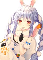 Rule 34 | 1girl, :3, animal ear fluff, animal ears, bare shoulders, birthday, black bra, black gloves, blue hair, blue ribbon, bra, braid, breasts, cake, carrot, carrot cake, carrot hair ornament, cleavage, closed mouth, commentary request, detached sleeves, don-chan (usada pekora), dress, eating, extra ears, food, food-themed hair ornament, fork, fur trim, gloves, hair ornament, happy birthday, holding, holding fork, hololive, light blush, long hair, looking at viewer, mixed-language commentary, multicolored hair, orange eyes, pom pom (clothes), puffy short sleeves, puffy sleeves, rabbit ears, rabbit girl, ribbon, sakura yunuto, short sleeves, sidelocks, simple background, small breasts, solo, thick eyebrows, twin braids, twintails, two-tone hair, underwear, upper body, usada pekora, usada pekora (1st costume), very long hair, virtual youtuber, white background, white dress, white hair