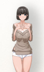 Rule 34 | 1girl, black hair, blue eyes, blush, breasts, breasts squeezed together, cleavage, collarbone, embarrassed, highres, huge breasts, legs, looking at viewer, short hair, short shorts, shorts, simple background, solo, standing, thighs, ver9, white background
