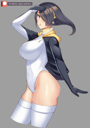 Rule 34 | 1girl, bad id, bad pixiv id, black hair, black jacket, breasts, brown eyes, cawfield, commentary, cowboy shot, cropped legs, curvy, emperor penguin (kemono friends), english commentary, hair over one eye, headphones, highleg, highleg leotard, hood, hooded jacket, hoodie, jacket, kemono friends, large breasts, leotard, long hair, looking at viewer, multicolored hair, patreon logo, patreon username, shading eyes, shiny skin, simple background, solo, thighhighs, watermark, web address, white leotard, white thighhighs