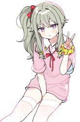 Rule 34 | 1girl, absurdres, between legs, bow, bowtie, buttons, closed mouth, collared shirt, commentary request, green hair, hand between legs, highres, jewelry, kusanagi nene, long hair, neck ribbon, necklace, pjmiyo, project sekai, purple eyes, red bow, red bowtie, red ribbon, ribbon, scrunchie, shirt, short sleeves, side ponytail, sitting, solo, thighhighs, v, white background, wrist scrunchie