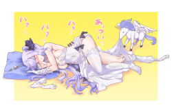 Rule 34 | 1girl, absurdres, ahoge, animal, ass, azur lane, bare arms, bare shoulders, black bow, black ribbon, blush, bow, breasts, cleavage, closed eyes, commentary request, covered navel, dress, elbow gloves, facing viewer, glove pull, gloves, unworn gloves, hair bun, hair ribbon, halterneck, highres, hot, long hair, lying, medium breasts, mouth hold, no shoes, nose blush, on side, one side up, parted lips, pillow, purple hair, raranokusu, ribbon, side bun, single elbow glove, single hair bun, single side bun, solo, steaming body, thighhighs, thighhighs pull, unicorn (azur lane), very long hair, wet, wet clothes, wet dress, white dress, white gloves, white thighhighs, winged unicorn