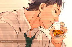 Rule 34 | 1boy, alcohol, bertolt hoover, black hair, collared shirt, cup, drinking glass, green necktie, ice, ice cube, necktie, shirt, tumbler glass