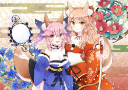 Rule 34 | 10s, 2girls, animal ear fluff, animal ears, bare shoulders, blonde hair, bow, breasts, cleavage, collarbone, detached sleeves, fang, fate/extra, fate/extra ccc, fate/extra ccc fox tail, fate/grand order, fate (series), flower, fox ears, fox tail, hair bow, hair ribbon, japanese clothes, katana, large breasts, long hair, looking at viewer, mirror, multiple girls, open mouth, pink hair, ribbon, smile, suiten nikkou amaterasu yanoshisu ishi, suzuka gozen (fate), suzuka gozen (third ascension) (fate), sword, tail, tamamo (fate), tamamo no mae (fate/extra), twintails, weapon, yellow eyes