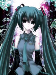Rule 34 | 1girl, abstract background, aqua eyes, aqua hair, aqua necktie, bare shoulders, black sleeves, breasts, check commentary, closed mouth, collared shirt, commentary request, detached sleeves, doping dance (vocaloid), empty eyes, grey shirt, hair ornament, hajang68, hatsune miku, highres, light smile, long hair, looking at viewer, necktie, shirt, sleeveless, sleeveless shirt, small breasts, solo, standing, straight hair, tears, twintails, twitter username, upper body, very long hair, vocaloid