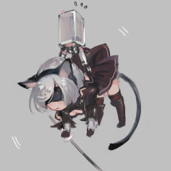 Rule 34 | 1girl, animal ears, black dress, black hairband, blindfold, boots, carrying, cat ears, cat tail, chibi, cleavage cutout, clothing cutout, commentary request, dress, feather-trimmed sleeves, hairband, kemonomimi mode, long sleeves, mole, mole under mouth, nier (series), nier:automata, pod (nier:automata), silver hair, sweatdrop, sword, tail, thigh boots, thighhighs, weapon, yaku (ziroken), 2b (nier:automata)