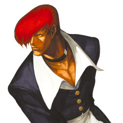 Rule 34 | 1boy, choker, collar, hair over one eye, highres, male focus, nona, official art, pectoral cleavage, pectorals, red hair, snk, solo, svc chaos, the king of fighters, upper body, yagami iori
