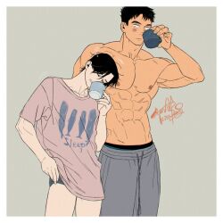 Rule 34 | 2boys, abs, artist name, bara, black hair, blush, closed eyes, closed mouth, couple, cup, grey male underwear, grey pants, holding, holding cup, kashikahaya, large pectorals, looking at another, male focus, male underwear, multiple boys, muscular, muscular male, navel, nipples, original, pants, pectorals, pink shirt, shirt, short hair, simple background, topless male, underwear, yaoi