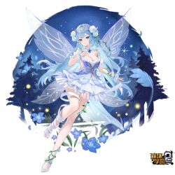 Rule 34 | 1girl, artemis (benghuai xueyuan), bandaged leg, bandages, bare shoulders, barefoot, benghuai xueyuan, blue eyes, blue hair, breasts, choker, cleavage, copyright name, flower, full body, hair flower, hair ornament, honkai (series), insect wings, logo, long hair, medium breasts, night, official art, sky, solo, star (sky), starry sky, third-party source, transparent background, tree, wings