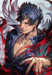 Rule 34 | 1boy, aura, belial (granblue fantasy), black hair, black jacket, closed mouth, fingernails, granblue fantasy, hand up, high collar, hungry clicker, jacket, long sleeves, looking at viewer, male focus, manly, red eyes, smile, solo, upper body