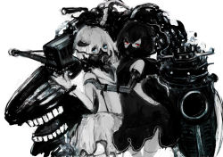 Rule 34 | 10s, 2girls, abyssal ship, abyssal twin princess (black), assi, bare shoulders, black dress, black hair, blue eyes, closed eyes, colored skin, dress, hair between eyes, hair ornament, kantai collection, leggings, looking at viewer, machinery, mechanical arms, multiple girls, night strait princess (white), open mouth, red eyes, short hair, simple background, single mechanical arm, sleeveless, sleeveless dress, standing, tongue, white background, white dress, white hair, white legwear, white skin, wristband
