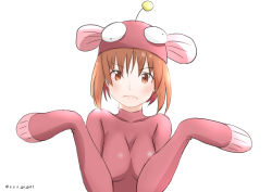 Rule 34 | 1girl, anglerfish costume, anglerfish dance, blush, breasts, brown hair, frown, girls und panzer, googly eyes, highres, medium breasts, nishizumi miho, oze (xyz go go11), short hair, solo, tight clothes, twitter username, white background