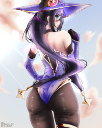 Rule 34 | 1girl, absurdres, aqua eyes, ass, bare shoulders, blush, detached sleeves, elbow gloves, from behind, genshin impact, gloves, hair ornament, hair ribbon, highres, huge ass, leotard, long hair, looking at viewer, looking back, mona (genshin impact), open mouth, pantyhose, purple hair, ribbon, shiny clothes, shiny skin, shirubakun, solo, thighlet, twintails, very long hair