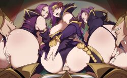 Rule 34 | 1boy, 3girls, absurdres, alternate skin color, anal fingering, armor, aroused, ass, blue gemstone, breasts, circlet, clothing aside, commission, cum, cum in ass, cum in pussy, dress, duma (fire emblem), fingering, fire emblem, fire emblem echoes: shadows of valentia, fire emblem heroes, flower, gem, gold trim, hair flower, hair ornament, hestia (fire emblem), hetero, highres, jewelry, large breasts, long hair, looking at viewer, makeup, marla (fire emblem), mature female, multiple girls, nintendo, nipples, official alternate costume, open mouth, orphen (pink seito), panties, panties aside, pixiv commission, pov, purple eyes, purple hair, purple lips, short hair, siblings, simple background, sisters, sonya (fire emblem gaiden), thighhighs, underwear, vaginal, witch