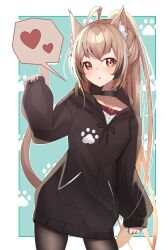 Rule 34 | 1girl, absurdres, ahoge, alphaart, alternate costume, animal ears, black choker, black hoodie, black pantyhose, brown eyes, brown hair, cat ears, cat girl, choker, commentary, crossed bangs, english commentary, heart, highres, hololive, hololive english, hood, hoodie, jewelry, long hair, looking at viewer, multicolored hair, nanashi mumei, necklace, open mouth, oversized clothes, pantyhose, ponytail, sleeves past wrists, solo, spoken heart, streaked hair, sweater, very long hair, virtual youtuber, white sweater