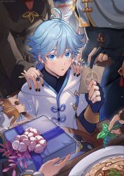 Rule 34 | 2boys, 4girls, ahoge, birthday, black nails, blue nails, blush, bodysuit, chongyun (genshin impact), fingerless gloves, food, genshin impact, gift, gloves, hands on another&#039;s shoulders, happy birthday, head out of frame, highres, holding, holding gift, hu tao (genshin impact), jewelry, long sleeves, looking at viewer, male focus, mikanchii, multiple boys, multiple girls, nail polish, paimon (genshin impact), plate, ring, shenhe (genshin impact), xiangling (genshin impact), xingqiu (genshin impact)
