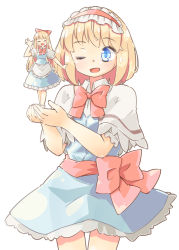Rule 34 | 2girls, ;d, ^ ^, alice margatroid, apron, arnest, blonde hair, blue dress, blue eyes, blush, bow, bowtie, capelet, closed eyes, commentary request, cowboy shot, dress, frilled apron, frilled hairband, frills, hairband, hand up, holding person, lolita hairband, long hair, looking at viewer, mini person, minigirl, multiple girls, one eye closed, open mouth, petticoat, puffy short sleeves, puffy sleeves, red bow, red hairband, red neckwear, red sash, sash, shanghai doll, shirt, short dress, short hair, short sleeves, simple background, smile, standing, touhou, very long hair, waist apron, white apron, white background, white capelet, white shirt