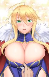 Rule 34 | 1girl, akitsuki karasu, areola slip, artoria pendragon (all), artoria pendragon (fate), artoria pendragon (lancer) (fate), blonde hair, blush, breasts, cape, cleavage, cleavage cutout, cleavage reach, clothing cutout, fate/grand order, fate (series), fur trim, green eyes, large breasts, looking at viewer, pov, pov hands, saber (fate), solo focus, upper body