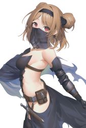 Rule 34 | 1girl, aya (lezon), bare shoulders, belt, black hairband, breasts, brown belt, brown hair, cross, cross earrings, dagger, double bun, earrings, from side, girls&#039; frontline, hair bun, hairband, highres, jewelry, knife, looking at viewer, looking to the side, medium breasts, p90 (girls&#039; frontline), parted lips, pouch, red eyes, see-through, simple background, smile, solo, tokarev (griffin&#039;s dancer) (girls&#039; frontline), weapon, white background