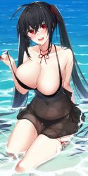 Rule 34 | 1girl, ahoge, alternate costume, azur lane, bare shoulders, black hair, blush, breasts, cleavage, collarbone, commentary request, dress, hair between eyes, highres, jewelry, large breasts, long hair, looking at viewer, necklace, red eyes, smile, solo, strap lift, swimsuit, taihou (azur lane), twintails, very long hair, yorugami rei