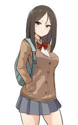 Rule 34 | 1girl, alternate costume, bag, black hair, blue eyes, bow, bowtie, brown cardigan, cardigan, carrying, closed mouth, commentary, cowboy shot, dress shirt, girls und panzer, grey skirt, hand in pocket, highres, light frown, long hair, looking at viewer, miniskirt, nasunael, nonna (girls und panzer), one-hour drawing challenge, pleated skirt, red bow, red bowtie, school bag, school uniform, shirt, simple background, skirt, solo, standing, swept bangs, white background, white shirt, wing collar