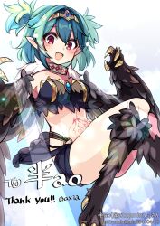 Rule 34 | 1girl, artist name, axia (03400441), bird legs, black feathers, black wings, blush, breasts, claws, commentary request, commission, commissioner name, feathered wings, feathers, green hair, harpy, heart, heart tattoo, highres, indie virtual youtuber, lincoro, monster girl, navel, open mouth, pointy ears, red eyes, short hair, short twintails, skeb commission, small breasts, solo, stomach tattoo, talons, tattoo, thank you, tiara, twintails, virtual youtuber, winged arms, wings