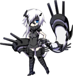 Rule 34 | 10s, 1girl, abyssal ship, ascot, asymmetrical hair, black dress, black thighhighs, blue eyes, colored skin, dress, forked tail, kantai collection, long hair, minarai, ne-class heavy cruiser, short dress, simple background, solo, tail, thighhighs, turret, white background, white hair, white skin, zettai ryouiki