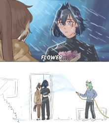 Rule 34 | 3girls, black hair, black shirt, blouse, blue eyes, blue sweater, blush, bouquet, brown hair, brown hoodie, casual, ceres fauna, commentary, dhominic25, english commentary, english text, flower, green hair, highres, holding, holding bouquet, holding hose, hololive, hololive english, hood, hoodie, hose, long hair, long sleeves, looking at another, midriff, multiple girls, nanashi mumei, ouro kronii, partially colored, pink flower, ponytail, shirt, short hair, short sleeves, spraying, standing, sweater, very long hair, virtual youtuber, water