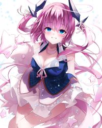 Rule 34 | 1girl, absurdres, blue eyes, blush, breasts, choker, cleavage, demon horns, dress, highres, horns, large breasts, long hair, looking at viewer, open mouth, original, pink hair, ribbon, simple background, smile, solo, star (symbol), thighs, twintails, w (w64851564)