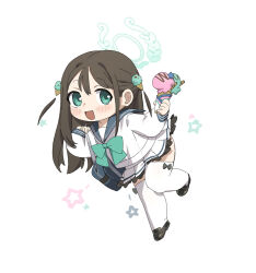 Rule 34 | 1girl, airi (blue archive), ass, bag, black footwear, black hair, blue archive, blush, food, full body, green eyes, green halo, green sailor collar, halo, holding, holding food, ice cream, long hair, long sleeves, looking at viewer, nemo (leafnight), open mouth, pleated skirt, sailor collar, school bag, school uniform, serafuku, shoes, simple background, skirt, smile, solo, thighhighs, white background, white skirt, white thighhighs