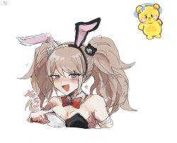 Rule 34 | 1girl, :d, animal ear hairband, animal ears, bare shoulders, bear hair ornament, black hairband, black leotard, blush, breasts, candy, cropped shoulders, danganronpa: trigger happy havoc, danganronpa (series), enoshima junko, fake animal ears, food, hair ornament, hairband, hand up, heart, highres, large breasts, leotard, looking at viewer, open mouth, playboy bunny, rabbit ear hairband, rabbit ears, shiny skin, simple background, smile, solo, tenji osuosu, translation request, twintails, two-tone hairband, white background, white hairband, white leotard
