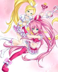 Rule 34 | 10s, 2girls, bad id, bad pixiv id, blonde hair, blue eyes, boots, bow, braid, brooch, choker, cure melody, cure rhythm, frills, full body, green eyes, hair ribbon, heart, houjou hibiki, jewelry, long hair, magical girl, midriff, minamino kanade, multiple girls, navel, pink background, pink bow, pink hair, pink legwear, ponytail, precure, ribbon, shoes, skirt, smile, suite precure, takabow, thighhighs, twintails, wand, white choker, wrist cuffs