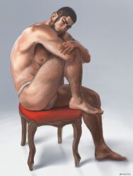 Rule 34 | 1boy, arm on knee, asian, bara, beard, black hair, bulge, buzz cut, chest hair, facial hair, full body, fundoshi, golden kamuy, hairy, japanese clothes, knee up, looking at viewer, male focus, mature male, muscular, muscular male, nipples, nopinzo, on chair, pectorals, photography, short hair, sideburns, sitting, solo, tanigaki genjirou, thick eyebrows, thighs, topless male, very short hair