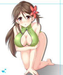Rule 34 | 10s, 1girl, :o, all fours, amagi (kancolle), bare legs, bare shoulders, barefoot, breast hold, breasts, brown eyes, brown hair, cleavage, flower, front zipper swimsuit, green one-piece swimsuit, hair flower, hair ornament, heart, highres, kantai collection, kyamu (qqea92z9n), large breasts, long hair, looking at viewer, meme attire, mole, mole under eye, one-piece swimsuit, ponytail, solo, swimsuit