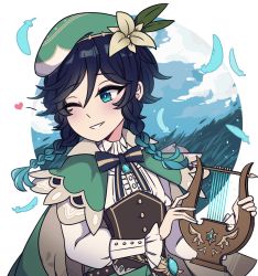 Rule 34 | 1boy, aviciella, black hair, blue hair, blush, bow, braid, cape, cloud, cloudy sky, feathers, flower, frilled sleeves, frills, gem, genshin impact, gradient hair, grass, green eyes, green hat, hair flower, hair ornament, hat, heart, highres, holding, holding instrument, instrument, jewelry, leaf, long sleeves, looking to the side, lyre, male focus, multicolored hair, one eye closed, open mouth, ribbon, sky, smile, solo, trap, twin braids, venti (genshin impact), vision (genshin impact), white flower