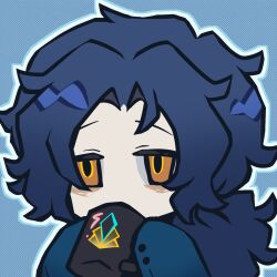 Rule 34 | 1boy, profile picture, blue background, blue coat, blue hair, chesed (project moon), coat, coco (556ch0cl8), cup, halftone, halftone background, highres, holding, holding cup, library of ruina, long hair, low ponytail, male focus, mug, parted bangs, portrait, project moon, sidelocks, sleeves past fingers, sleeves past wrists, solo, yellow eyes