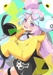Rule 34 | 1girl, :d, absurdres, aqua hair, blush, character hair ornament, creatures (company), eyelashes, game freak, grey shirt, hair ornament, highres, iono (pokemon), isakoro (hx9cj), jacket, long hair, looking at viewer, multicolored hair, nintendo, open mouth, pokemon, pokemon sv, purple eyes, purple hair, sharp teeth, shirt, sleeveless, sleeveless shirt, sleeves past fingers, sleeves past wrists, smile, solo, teeth, thigh strap, tongue, two-tone hair, yellow jacket
