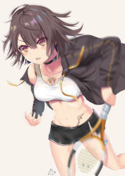 Rule 34 | 1girl, absurdres, ahoge, azur lane, baltimore (azur lane), baltimore (black ace) (azur lane), bandaid, bandaid on leg, bare legs, bare shoulders, black choker, black jacket, black shorts, blush, braid, breasts, brown hair, chest tattoo, choker, cleavage, collarbone, commentary, cowboy shot, flower tattoo, french braid, groin, hair between eyes, highres, holding, holding racket, jacket, kaneki yushi, large breasts, long sleeves, looking to the side, midriff, motion blur, navel, off-shoulder jacket, off shoulder, open clothes, open jacket, open mouth, racket, short hair, short shorts, shorts, sidelocks, signature, simple background, solo, sports bra, standing, standing on one leg, stomach tattoo, sweat, tattoo, tennis racket, wet bra, white background, white sports bra, yellow eyes