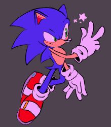 Rule 34 | 1boy, absurdres, animal ears, animal nose, blue fur, blue hair, blush, body fur, flat color, furry, furry male, gloves, green eyes, grey background, hand up, highres, light blush, long hair, male focus, red footwear, shoes, simple background, sketch, socks, solo, sonic (series), sonic the hedgehog, spiked hair, star (symbol), stellarspin, tail, two-tone fur, w, white gloves, white socks, yellow fur