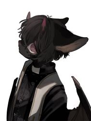 Rule 34 | 1boy, 50 ior, animal ears, black hair, black horns, black shirt, cassock, cat boy, cat ears, cat tail, cross, cross necklace, demon horns, demon wings, from side, furry, furry male, highres, horns, inverted cross, jewelry, looking at viewer, male focus, multicolored horns, necklace, original, priest, red eyes, red horns, rosary, shirt, short hair, sideways glance, simple background, slit pupils, snout, solo, stole, tail, two-tone horns, upper body, white background, wings