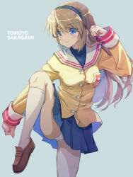 Rule 34 | 1girl, akayama yukihe, black hairband, blue eyes, blue skirt, blush, breasts, brown footwear, character name, clannad, clenched hands, closed mouth, commentary request, cowboy shot, eyes visible through hair, feet out of frame, floating hair, hair between eyes, hairband, hand up, highres, jacket, light blue background, light brown hair, loafers, long hair, long sleeves, looking afar, medium breasts, miniskirt, panties, panty peek, pleated skirt, sailor collar, sakagami tomoyo, school uniform, serafuku, shoes, sidelocks, simple background, skirt, smile, smug, solo, standing, standing on one leg, straight hair, thighs, underwear, white panties, white sailor collar, yellow jacket