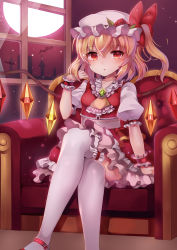 Rule 34 | 1girl, absurdres, ascot, bad id, bad pixiv id, bat (animal), blonde hair, bow, crop top, crossed legs, crystal, flandre scarlet, full moon, hat, hat bow, hat ribbon, highres, long hair, looking at viewer, mob cap, moon, papo, petticoat, puffy short sleeves, puffy sleeves, red eyes, ribbon, short sleeves, side ponytail, sitting, skirt, skirt set, solo, thighhighs, touhou, white thighhighs, window, wings, wrist cuffs
