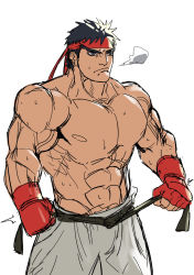 Rule 34 | 1boy, abs, belt, black belt, black hair, closed mouth, fingerless gloves, gloves, grey eyes, headband, highres, holding, male focus, muscular, muscular male, red gloves, red headband, ryu (street fighter), simple background, sketch, solo, street fighter, street fighter ii (series), sweat, taiyou, topless male, white background