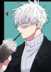 Rule 34 | 1boy, black jacket, blue background, blue eyes, closed mouth, colored eyelashes, cup, drinking, drinking straw, glasses, gojou satoru, grey sweater, hair between eyes, heart, highres, holding, holding cup, jacket, jujutsu kaisen, looking at viewer, male focus, nukomaru, short hair, simple background, smile, solo, sweater, upper body, white hair