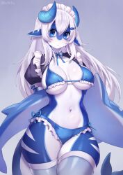 Rule 34 | 1girl, arms behind back, blue bra, blue eyes, blue horns, blue panties, blue ribbon, blue skin, bra, breasts, cleavage, closed mouth, colored skin, commentary, cowboy shot, curled horns, derivative work, fins, fish hair ornament, fish tail, frilled bra, frilled panties, frills, furry, furry female, grey background, grey hair, grey thighhighs, hair between eyes, hair ornament, hairclip, highres, holding, holding stuffed toy, horns, iwbitu, large breasts, long hair, looking at viewer, maid headdress, multicolored skin, navel, neck ribbon, no nose, original, panties, pointy ears, puffy short sleeves, puffy sleeves, ribbon, shark girl, shark tail, short sleeves, shrug (clothing), sidelocks, simple background, solo, stuffed animal, stuffed shark, stuffed toy, tail, thighhighs, twitter username, two-tone skin, underwear, white skin