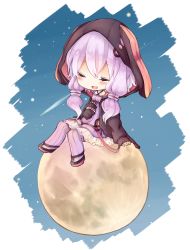 Rule 34 | 1girl, animal hood, blush, braid, chibi, dress, closed eyes, full moon, hair ornament, hand on own chest, hat, hat with ears, highres, hood, jacket, moon, moon rabbit, open clothes, open jacket, open mouth, purple dress, purple hair, purple legwear, rabbit hood, short hair with long locks, sitting, smile, solo, twin braids, vocaloid, voiceroid, yuya (night lily), yuzuki yukari