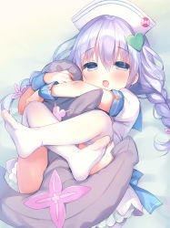 Rule 34 | 1girl, blue bow, blue eyes, blue hair, blue sailor collar, blush, bow, braid, commentary request, dress, flower knight girl, hair between eyes, hair ornament, half-closed eyes, hat, heart, heart hair ornament, highres, hugging object, ikarisou (flower knight girl), leg lock, long hair, looking at viewer, open mouth, puffy short sleeves, puffy sleeves, sailor collar, sailor dress, sailor hat, short sleeves, solo, stuffed toy, thighhighs, twin braids, twintails, usashiro mani, white dress, white hat, white thighhighs, wrist cuffs